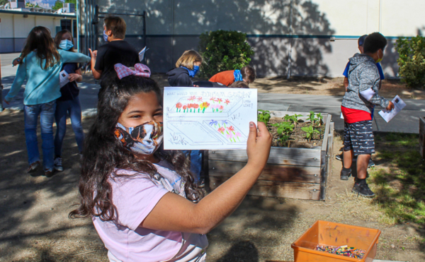 ESLT Sunflower Kids Garden Project students drawing their dream gardens