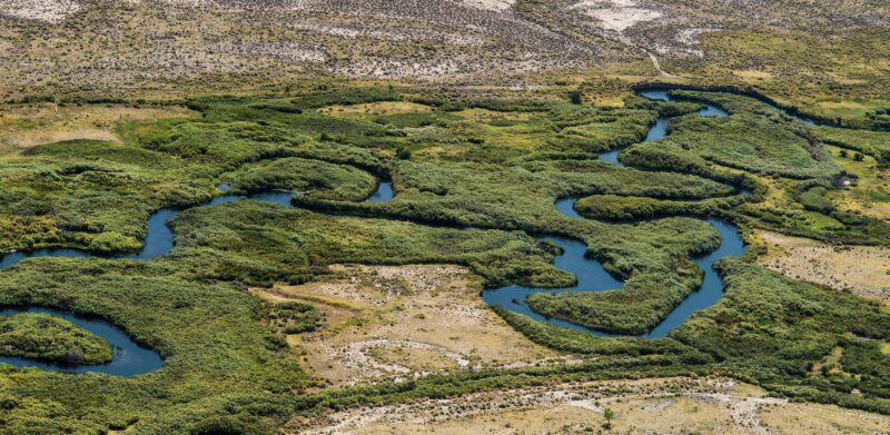 Aerial shot of the Owens River meandering