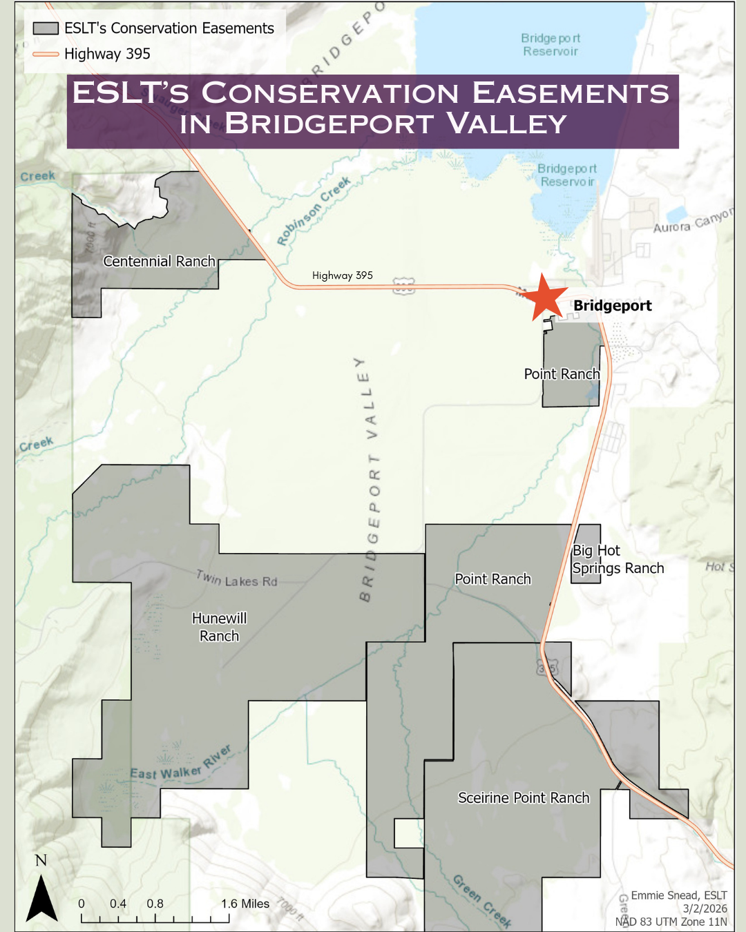 There are six conservation easements with Eastern Sierra Land Trust in Bridgeport Valley. This map shows where they are, many of which include healthy grasslands.